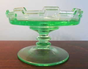 Depression Glass - green dish -  A reader has stated this is the "Modernistic" pattern by Westmoreland Glass Company, possibly a cheese stand.   Any additional info appreciated!