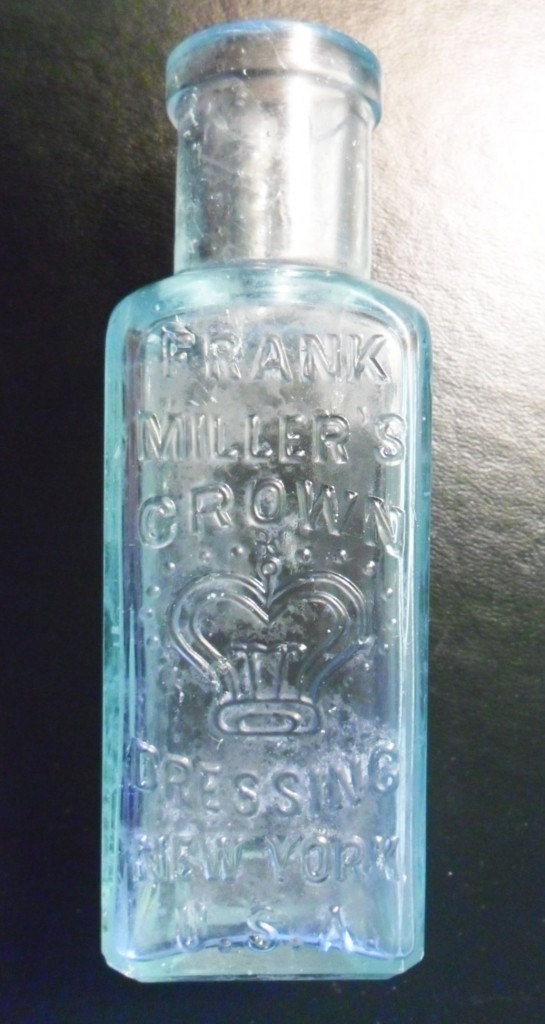 Antique glass Frank Miller's Crown Dressing bottle, circa 1880s 