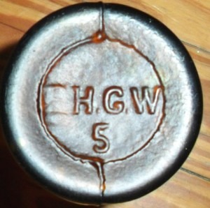 FHGW mark on base of "pint" size beer bottle, made by Frederick Heitz. The "F" is only partially visible on this example.