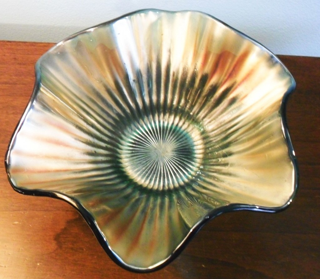 Carnival Glass bowl, aqua glass, unidentified maker, ruffled pattern.