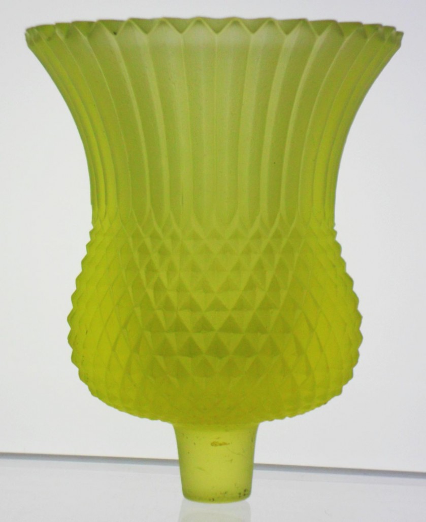 FAROY - Frosted yellow vaseline glass candle holder marked faintly "FAROY U.S.A. / PAT. PEND" clockwise around stem.