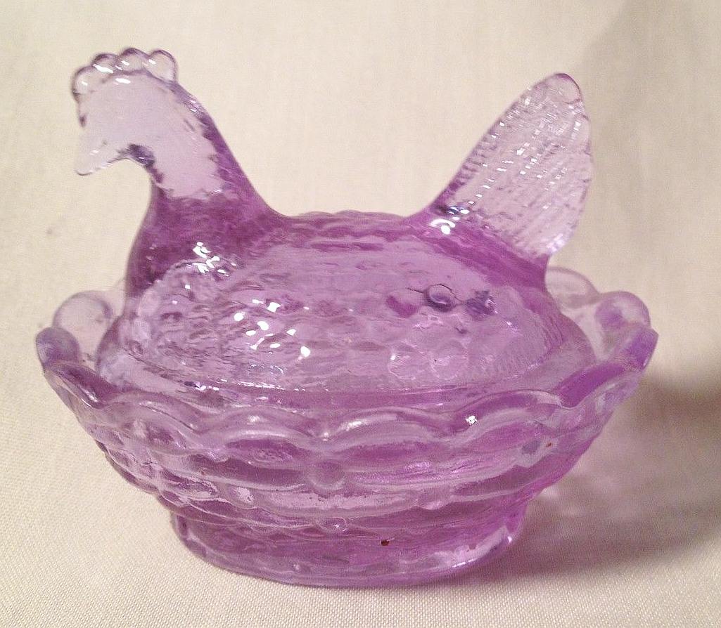 Boyd's Crystal Art Glass: Boyd glass "chick salt" covered dish in lilac Neodymium glass. Photo courtesy of ebay seller "Dotdority".