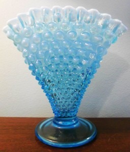 Fenton Art Glass Company Hobnail "Fan Vase" in Blue Opalescent glass. This is unmarked and dates from sometime in the 1940-1955 period.