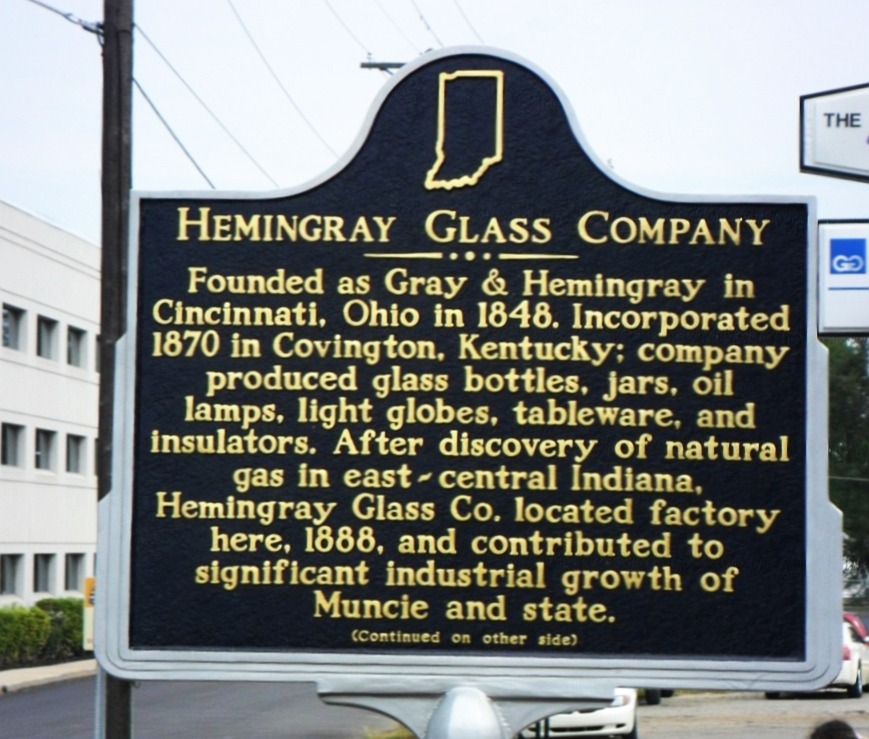 Hemingray Glass Company commemorative historal marker / historical plaque (dedicated September 4, 2011) on the front lawn area of the old Hemingray plant grounds, Macedonia Avenue, Muncie, Indiana