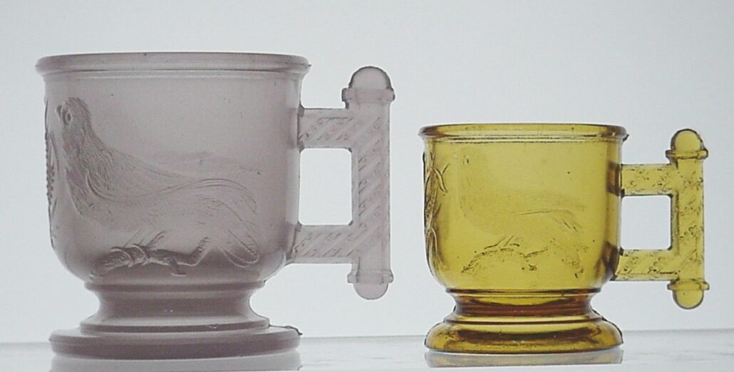 Pink Alabaster & Yellow Amber "Eastlake" pattern children's mugs made by Atterbury & Company, Pittsburgh,  circa 1880s-1890s.  This pattern was not part of a regular "table set" but is classed as EAPG by collectors.