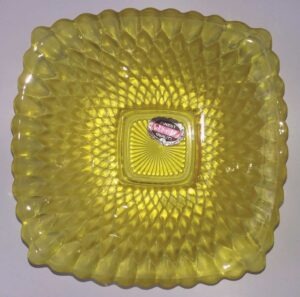 Anchorglass yellow square, shallow glass bowl with original foil sticker/label intact, circa 1940s-1950s. 