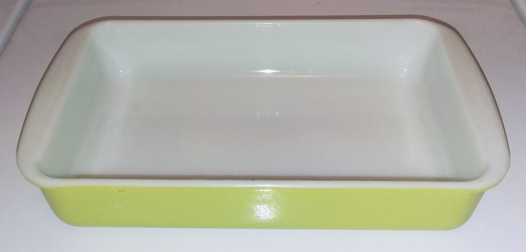 Lime green glass baking / casserole dish made by Corning Glass, dates from about 1957 or early 1958. The style of pan was introduced in about 1952.