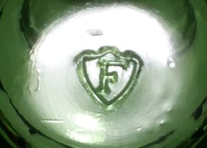 F inside shield logo, mark on base of small miniature mug made by Federal Glass Company, Columbus Ohio