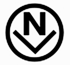 Glassmaker mark used by Vetri Speciali - at Pergine Valsugana factory location. The mark looks like an "N" over a flattened "V" inside a circle. 