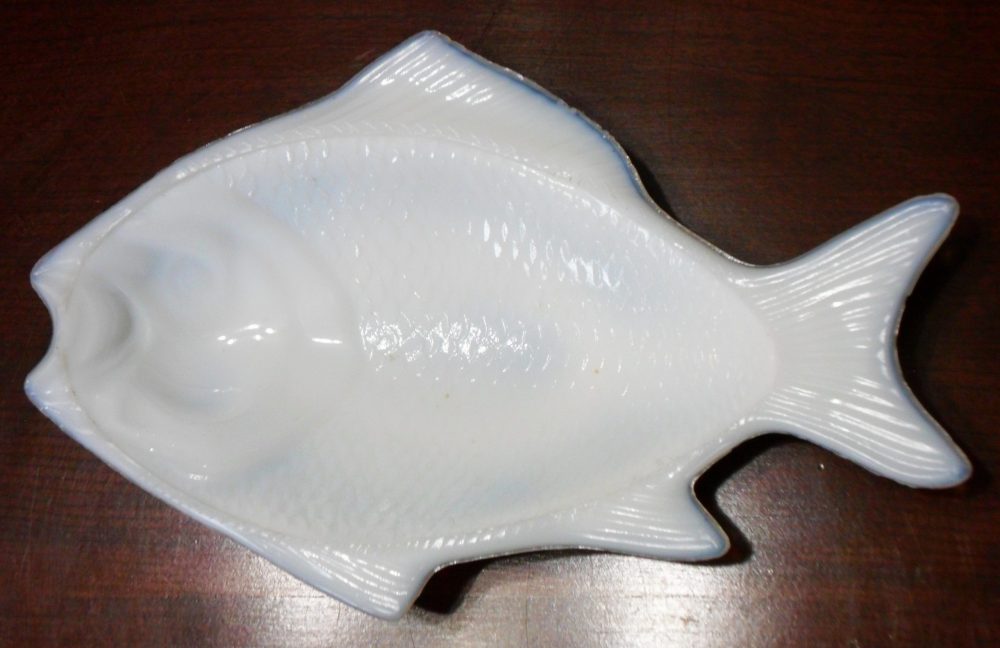 White Milk Glass - Atterbury & Company relish dish in the shape of a fish - marked "PATENTED JUNE 4TH 1872." on bottom