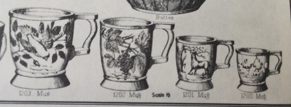 Antique Children's Mugs - advertisement - Catalog page illustrating four-mug set from Bryce Bros, taken from "U.S. Glass From A to Z" by William Heacock, page 81.