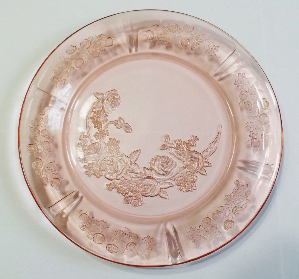 SHARON or CABBAGE ROSE pattern dinner plate in pink glass, made by Federal Glass Company, Columbus, Ohio in the 1930s.