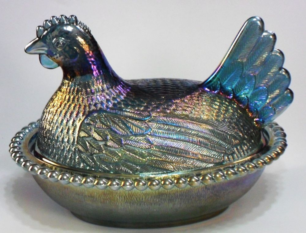 Indiana Glass "Hen on Nest" dish in Blue Carnival