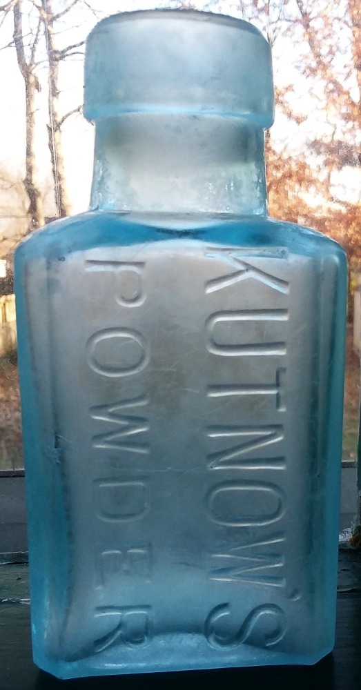 Kutnow's Powder old aqua glass bottle - London, England