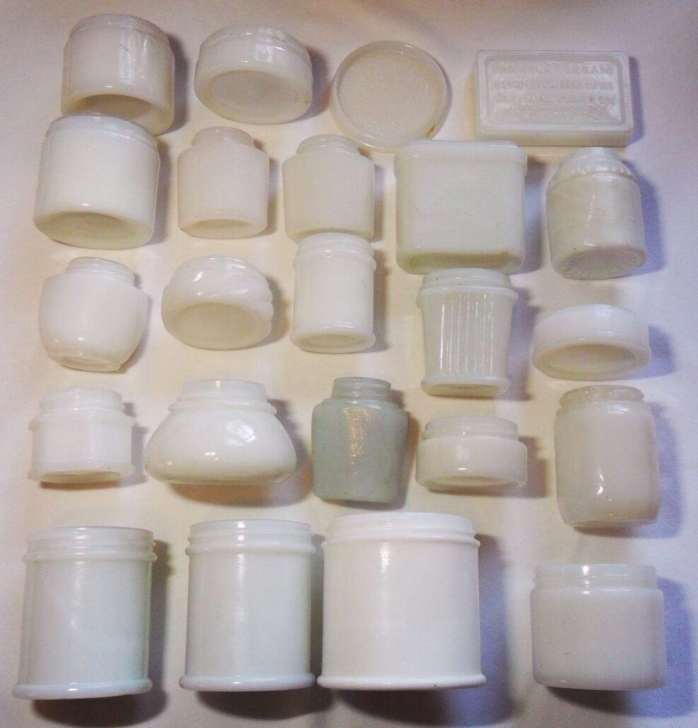 Milk Glass Cosmetic - Cold Cream - Vintage Salve and Ointment jars -most of them ranging in age from the 1920s to the 1950s.