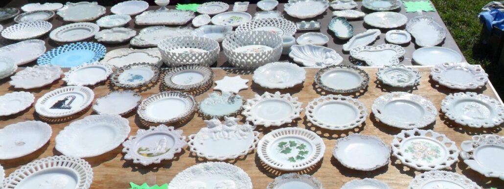 Old Milk Glass - antique opaque glass decorative plates of various patterns - most of these are from the Victorian era. 