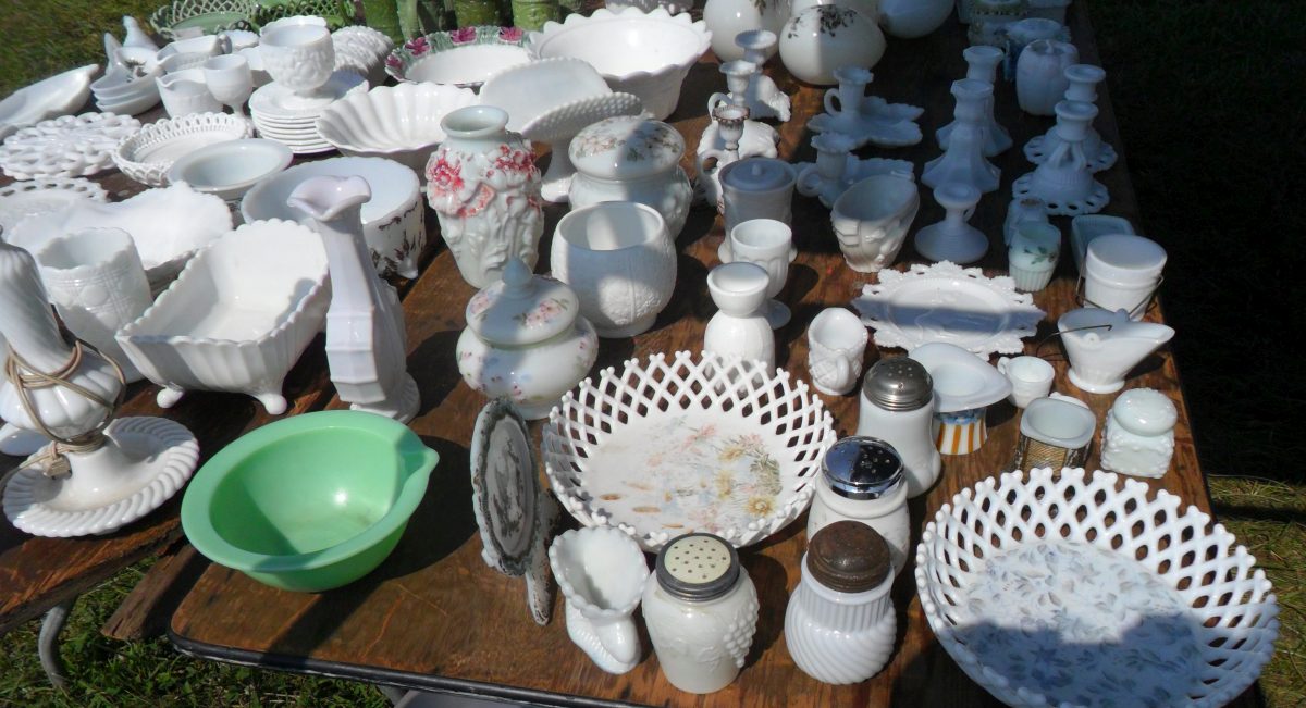 WHITE MILK GLASS - More antique collectible milk glass items, mostly older pieces, including sugar shakers and bowls.