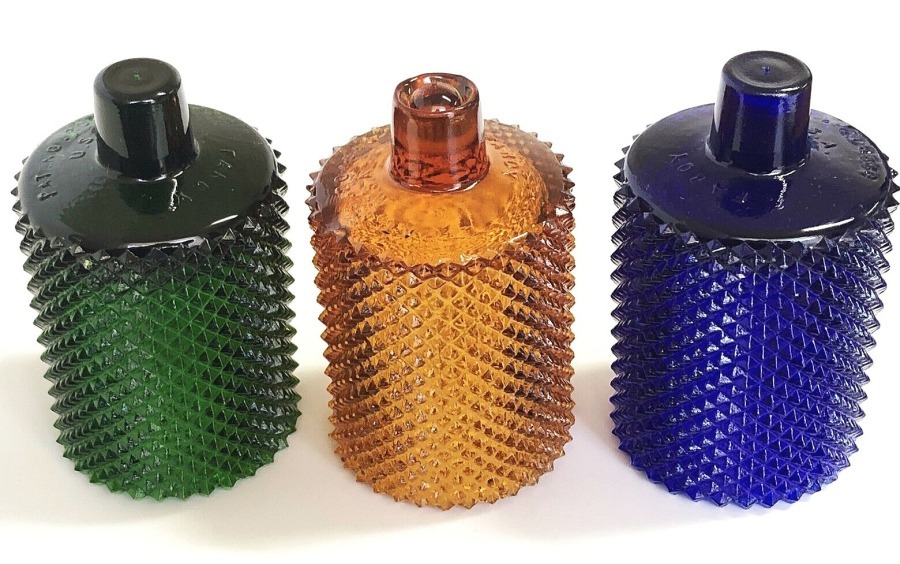 Group of three FAROY brand "Diamond Point" stemmed votive candle holders n amber, blue and green glass. (Photo courtesy of CrownTownTrader, seller on ebay)