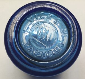 VICKS VAPORUB jar: Type 2 base - VVV marking. The blue glass color is somewhat lighter on this jar.