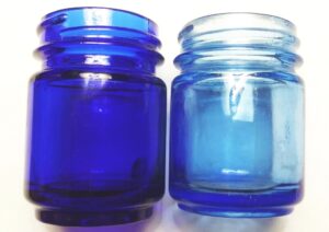 Two Vicks Vaporub jars - small size- dark cobalt (type 1 base) and lighter blue (type 2 base).