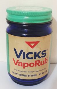 Vicks Vaporub jar - Type 4 base - cobalt blue glass - size 3.1 ounces - with label - dates from 1970s or 1980s.