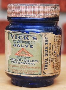 Early Vicks Vaporub jar with original label - this probably dates from the 1910s-1930s, and carries the "Type 1" base marking. 