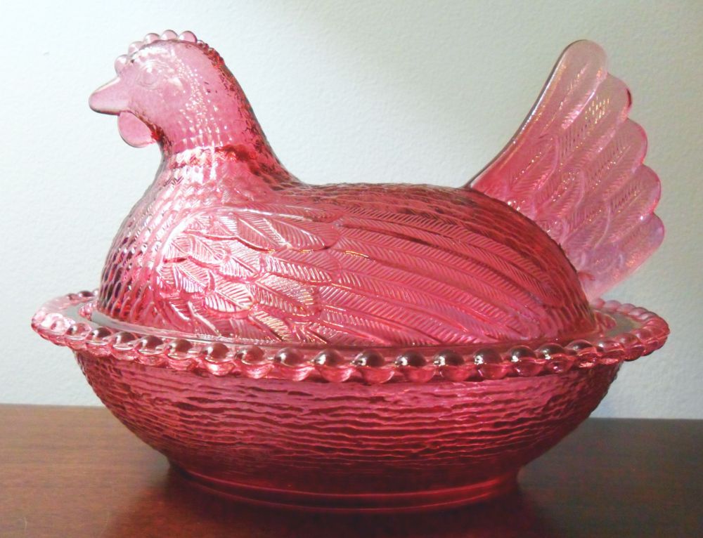Indiana Glass Company "Hen on Nest" dish in "Cranberry" colored glass