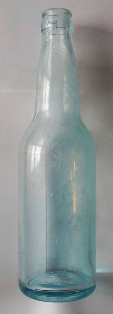 Typical "AB-connected" blue-aqua glass beer bottle. This particular example has the code "B 2" on the base.