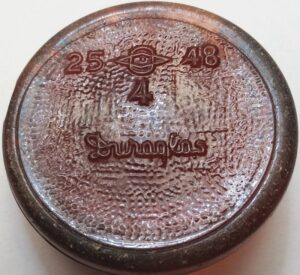 Owens-Illinois amber bottle base, from their plant #25, Terre Haute , Indiana - 1948 date code, "4" mold cavity number, carrying the DURAGLAS brand embossing.