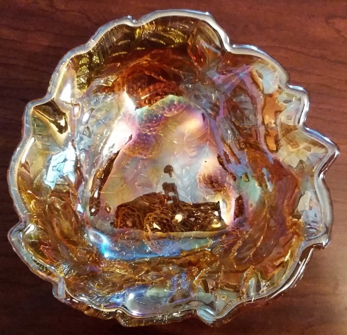 Loganberry Pattern -Marigold Iridescent bowl made by Indiana Glass Company of Dunkirk Indiana