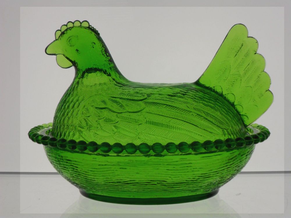 Emerald green "Hen on Nest" dish made by Indiana Glass Company