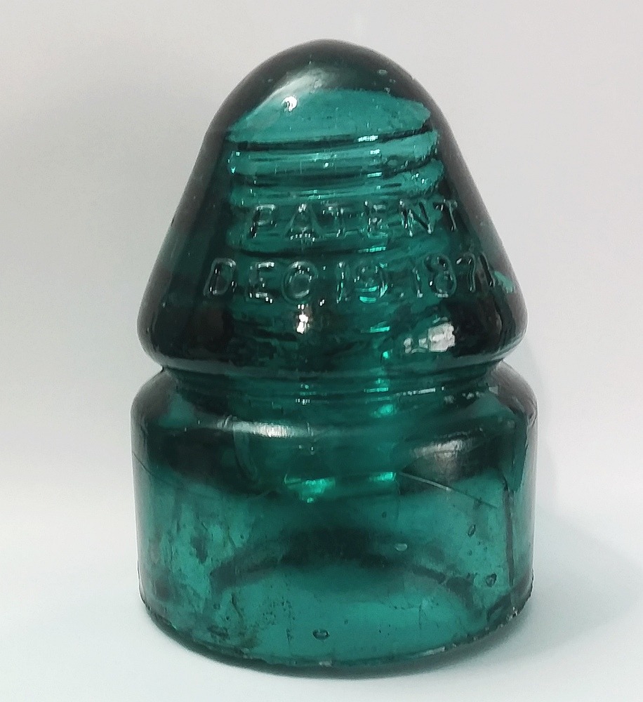 CD 132 Aqua glass telegraph Insulator, marked "PATENT / DEC 19 1871".