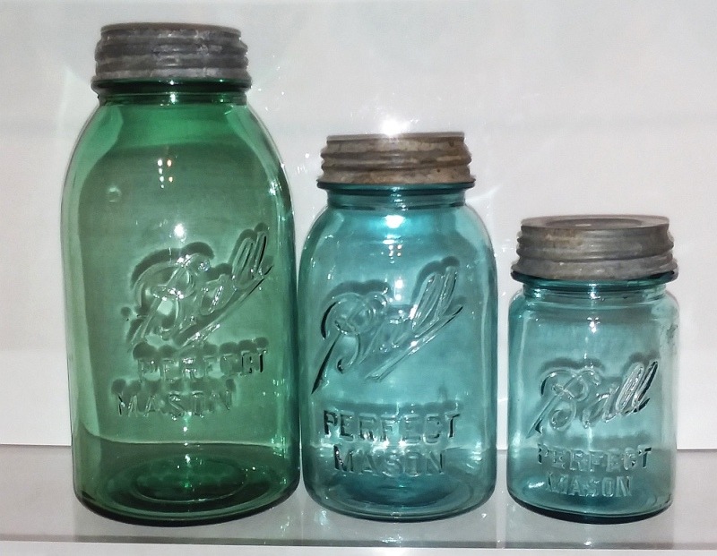 Three authentic, older Ball Perfect Mason jars - Half Gallon, Quart, and Pint sizes, made by Ball Brothers Glass Manufacturing Company. 