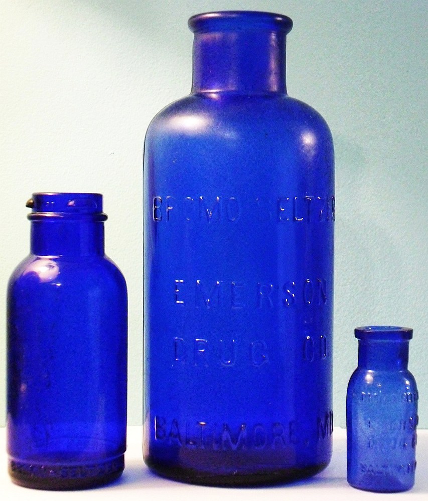 Group of three old Cobalt Blue Bromo-Seltzer bottles - 3 different sizes.