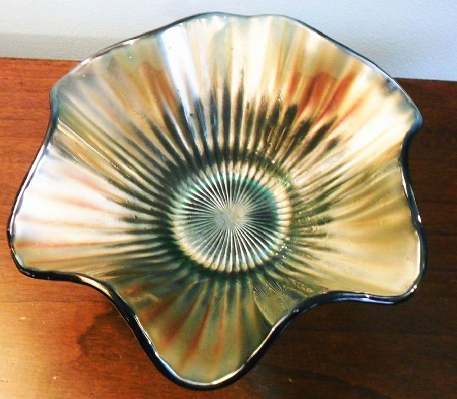 Lovely Carnival Glass bowl, Marigold over aqua glass, unidentified maker, ruffled pattern.