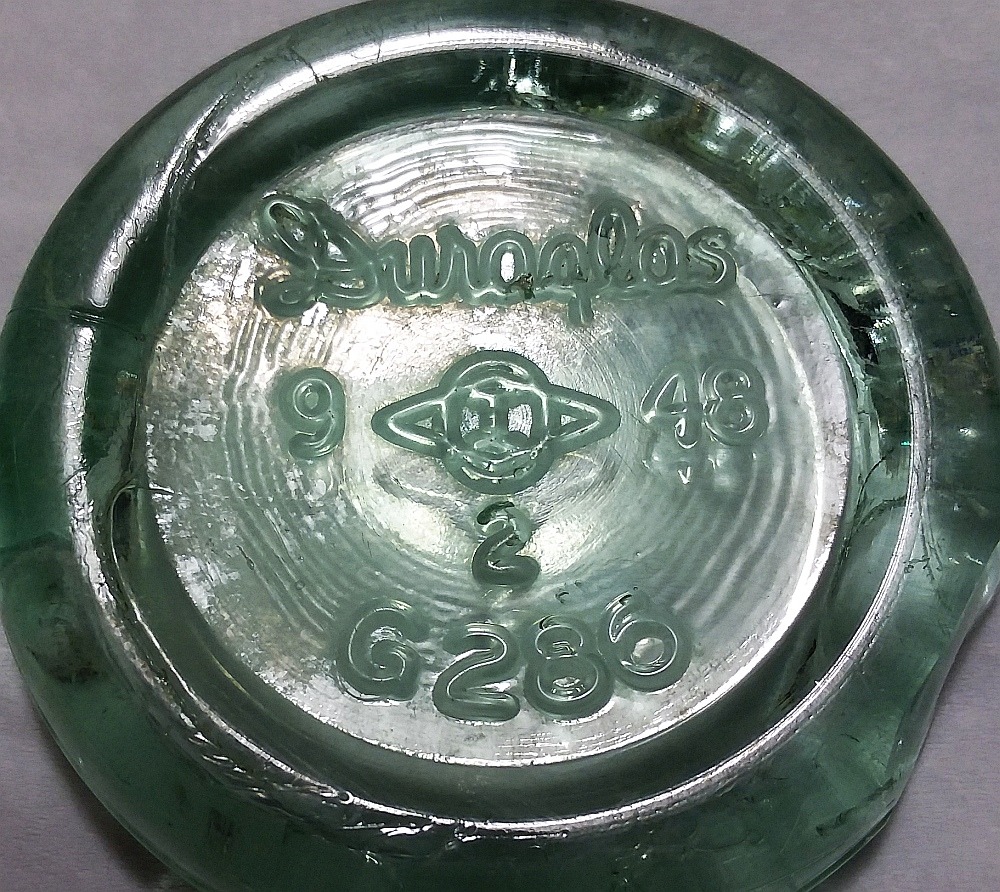 Duraglas aqua soda bottle base - made at Owens-Illinois Streator, IL plant in 1948.