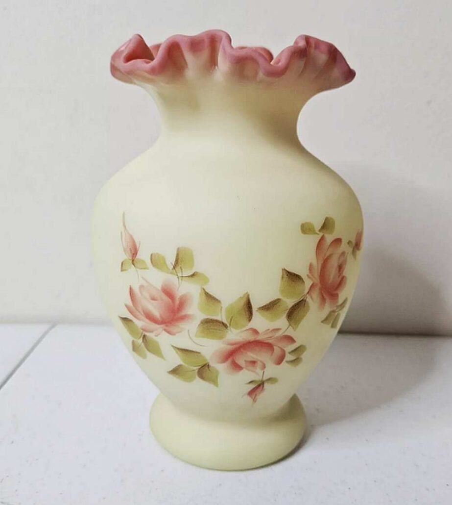 Fenton Burmese Glass ruffled vase - this piece measures 6.75 inches in height and marked on the base "Handpainted by Dave Gessel".  (Photo courtesy of ebay sellers Jena &amp; Joe - "J &amp; J Family Finds").