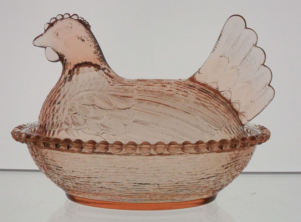 Indiana Glass hen in pink. The color can vary somewhat in intensity and may get close to what some collectors call "Peach".