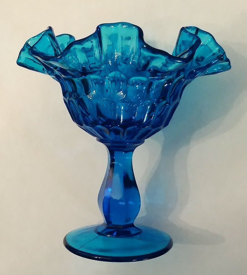 Fenton Art Glass Company "Colonial Blue" Thumbprint pattern candy dish / vase, with ruffled rim.