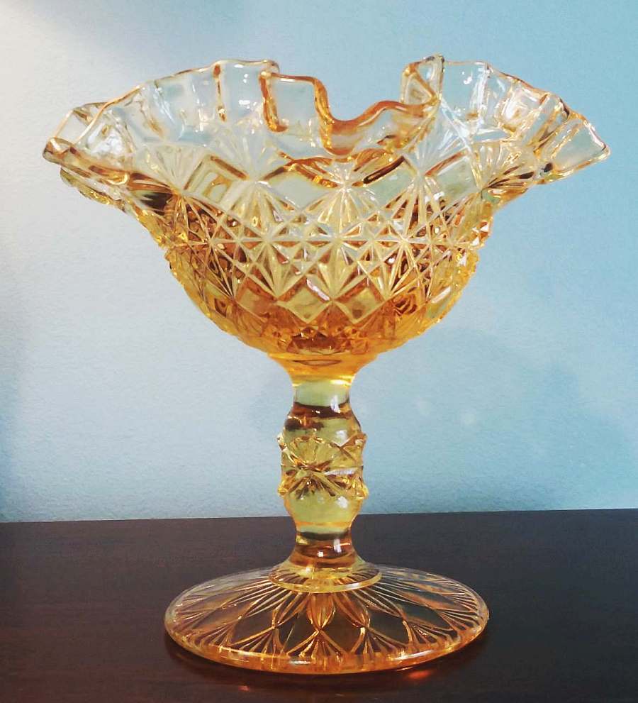 Fenton open compote / candy dish in "Fine Cut and Block" pattern, dating from 1983. This also carries the "Fenton in cursive lettering, inside an oval" mark on the bottom. 