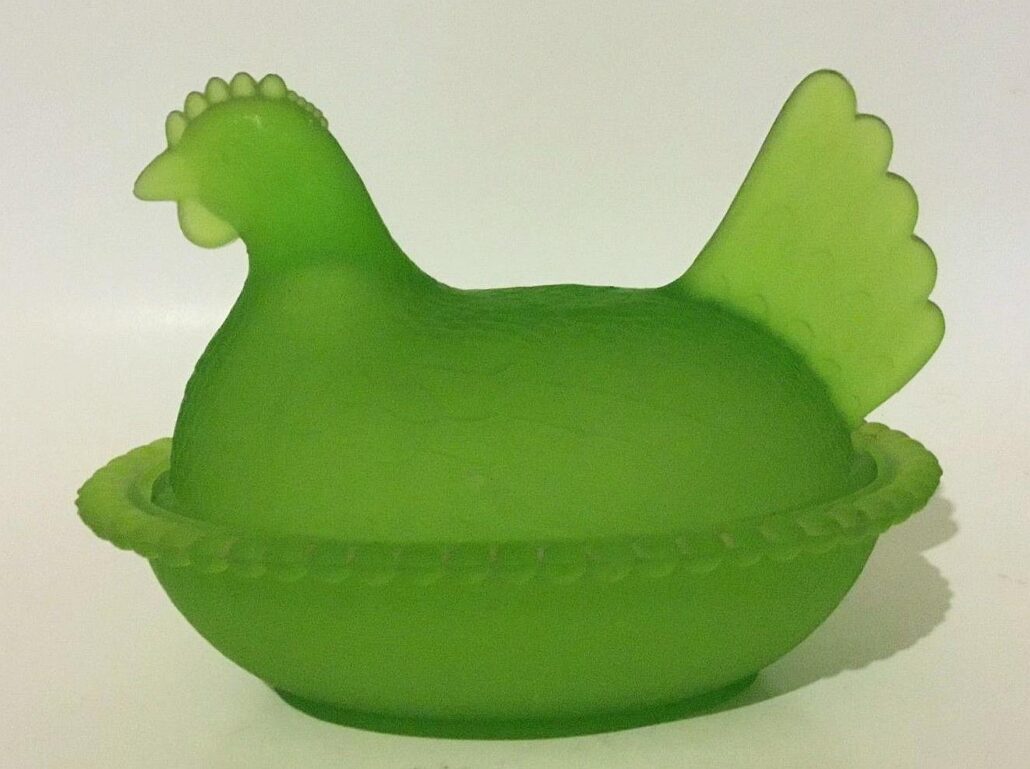 Frosted / Matte / Satin  Lime Green  Indiana Glass Company "Hen-on-Nest" - covered candy dish - Indiana Glass Company, Dunkirk, Indiana  (photo from eBay).  