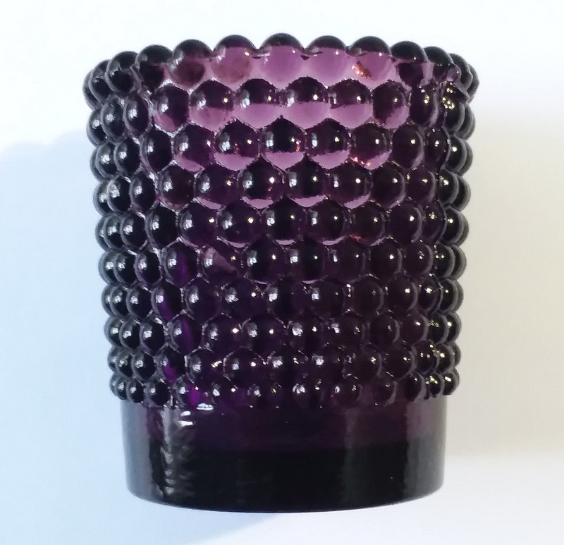 Purple glass hobnail type votive candleholder - unknown maker. This example is unmarked on the base.