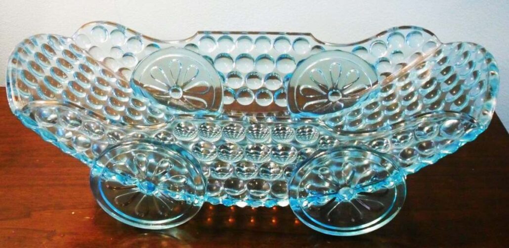 "SENSATION" (original name) also known as "Thousand Eye" pattern "Baby Carriage" or Baby Buggy bowl in blue glass, made by Adams &amp; Company, Pittsburgh, PA (1861-1891). This dates from around 1885-1888.