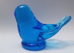 Handmade blue glass "Bluebird of Happiness" paperweight / figurine, this particular example signed (etched) on base "Leo Ward 1994".