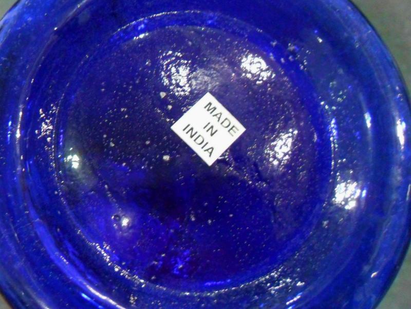 Base of repro cobalt blue "MASON'S PATENT NOV 30TH 1858" jar with MADE IN INDIA sticker still affixed.