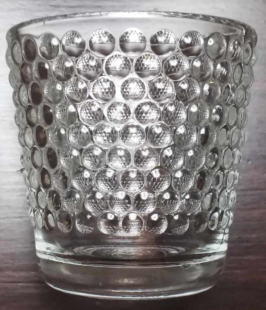 Clear Hobnail votive candleholder, marked "MEXICO" on base. This was probably made by either Vitro (before 2006) or Libbey (after Libbey took over Crisa in 2006).