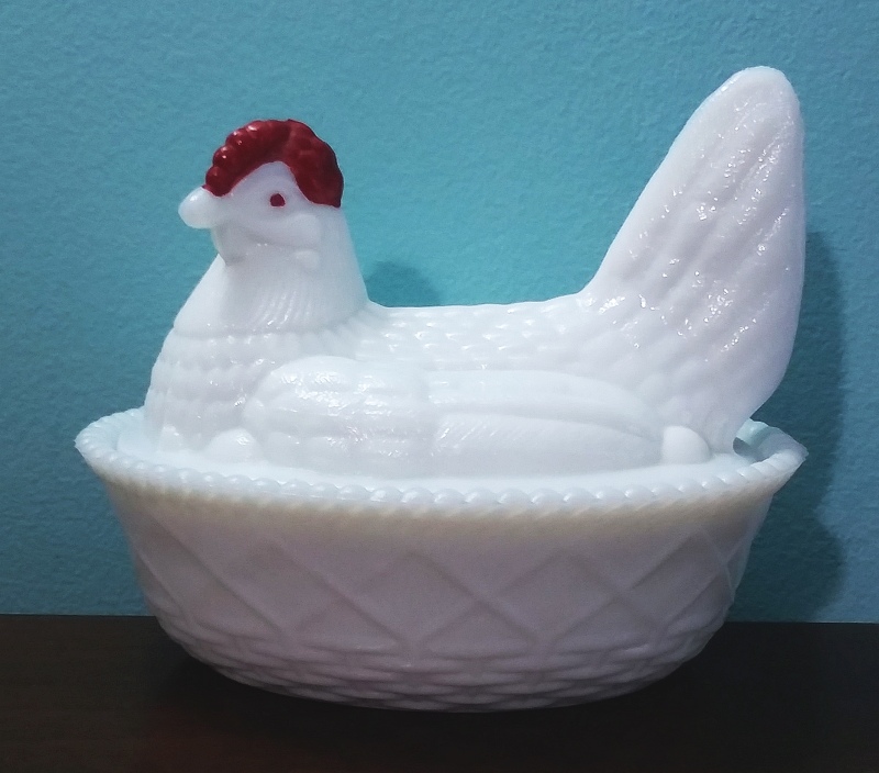 Westmoreland Glass Company white milk glass hen on nest candy dish - red comb