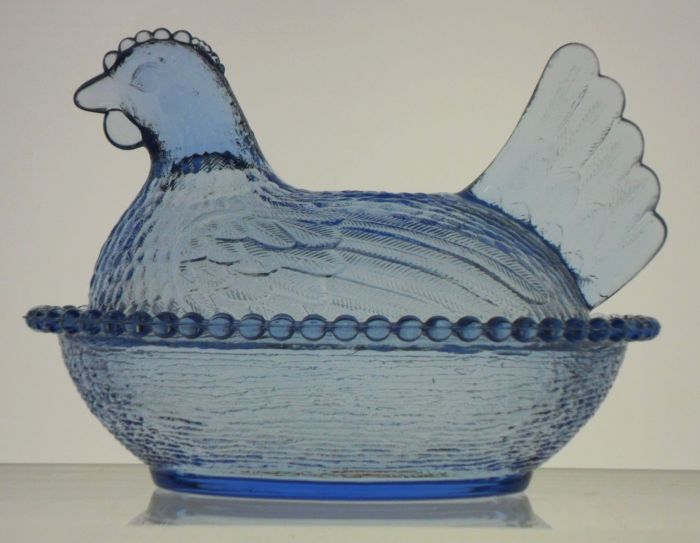 Indiana Glass Company "hen on nest" dish in a light blue or cornflower blue.