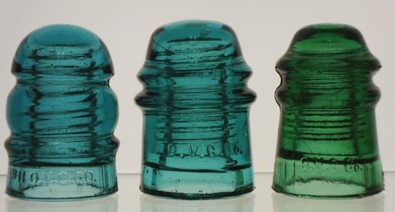 O.V.G.Co. glass insulators: Left to right: CD 112 "KEG", CD 121 "TOLL" , CD 106 "PONY".