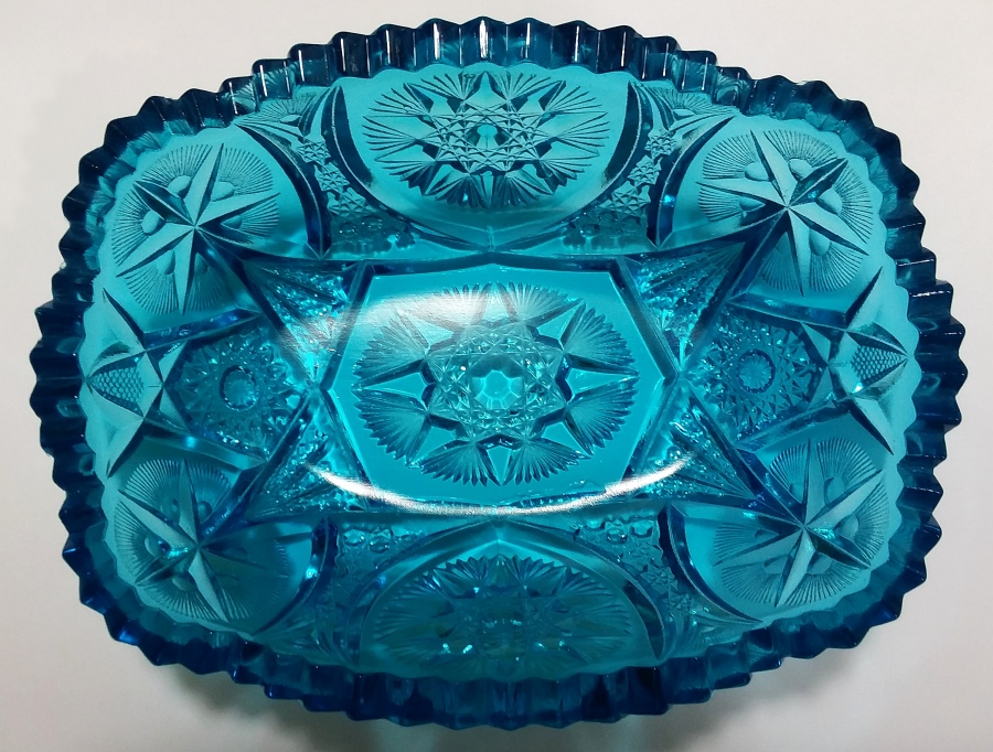 Kemple Glass Company or Wheaton Glass Company (from Kemple mold) blue YUTEK pattern oblong bowl circa 1970s.